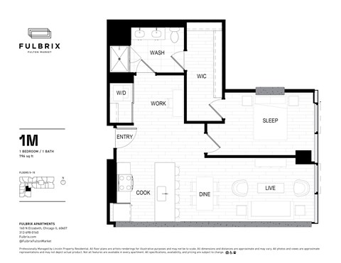 2d floorplan of a 1 bedroom, 1 bathroom unit