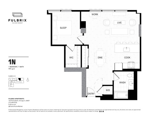 2d floorplan of a 1 bedroom, 1 bathroom unit
