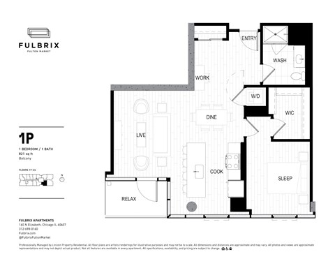 2d floorplan of a 1 bedroom, 1 bathroom unit