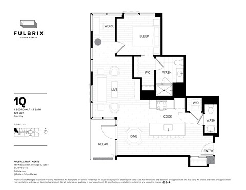 2d floorplan of a 1 bedroom, 1 bathroom unit