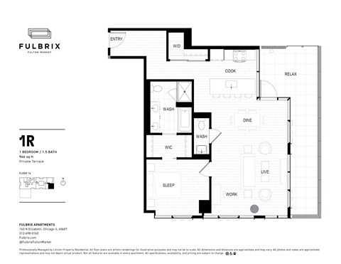 2d floorplan of a 1 bedroom, 1 bathroom unit