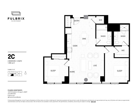 2d floorplan of a 2 bedroom, 2 bathroom unit