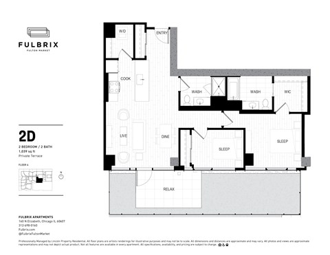 2d floorplan of a 2 bedroom, 2 bathroom unit