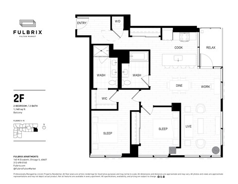 2d floorplan of a 2 bedroom, 2 bathroom unit