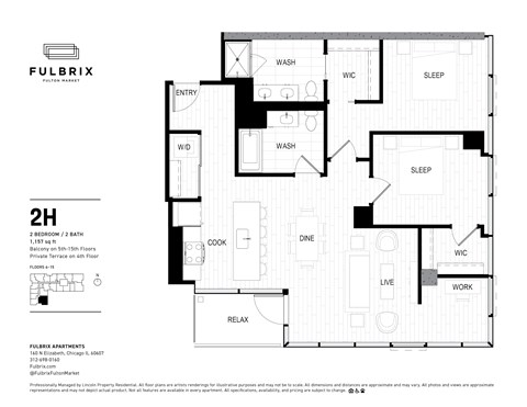 2d floorplan of a 2 bedroom, 2 bathroom unit