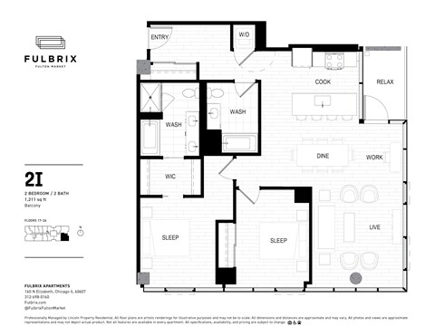 2d floorplan of a 2 bedroom, 2 bathroom unit