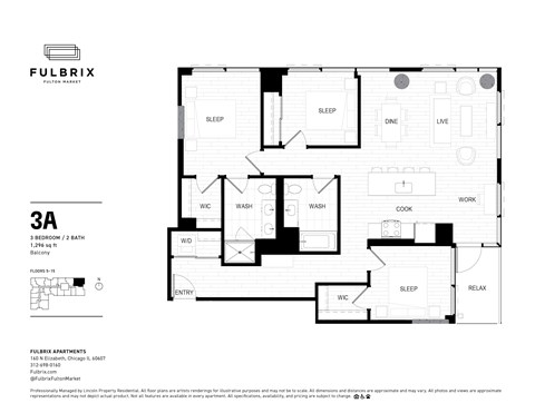 2d floorplan of a 3 bedroom, 2 bathroom unit