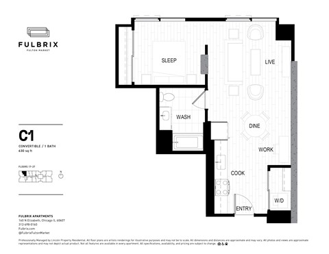 2d floorplan of a 1 bedroom, 1 bathroom unit
