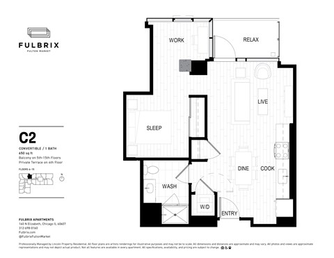 2d floorplan of a 1 bedroom, 1 bathroom unit