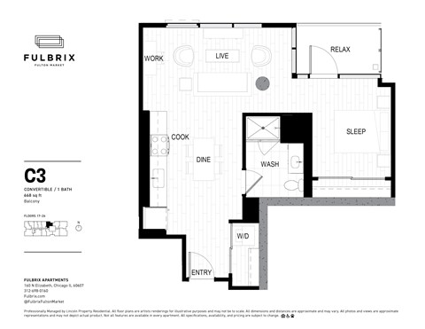 2d floorplan of a 1 bedroom, 1 bathroom unit