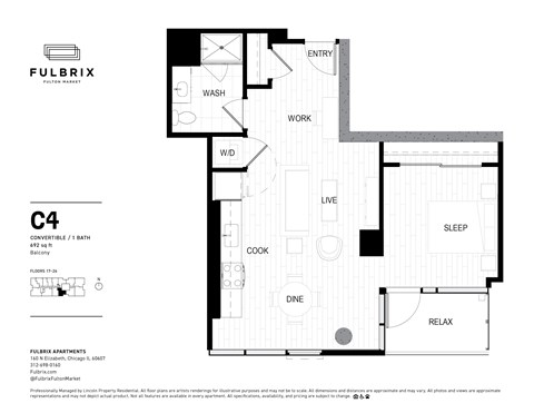 2d floorplan of a 1 bedroom, 1 bathroom unit