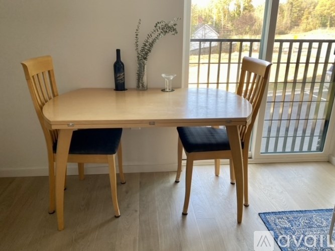A table with two chairs and a vase with a plant on it.