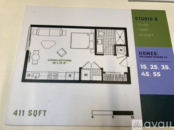 A floor plan for a studio apartment is shown, along with a list of available home sizes.