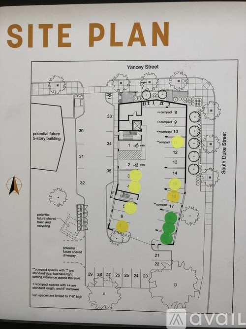 A site plan for a building with numbered rooms and a note on the side.