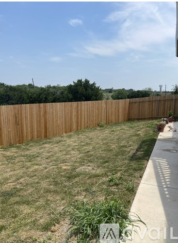 A backyard with a wooden fence and a sidewalk.