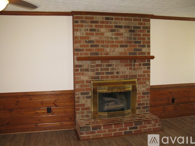 A brick fireplace with a wood burning stove inside.
