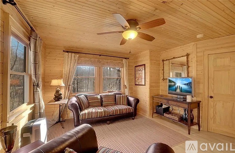A living room with a couch, a television, and a ceiling fan.