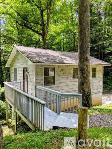 A small white house with a porch is surrounded by trees.