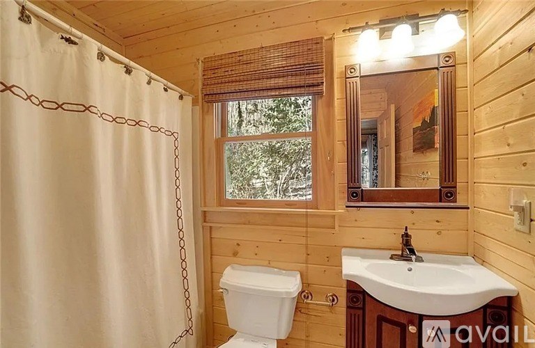 A bathroom with wooden walls and a white toilet and sink.