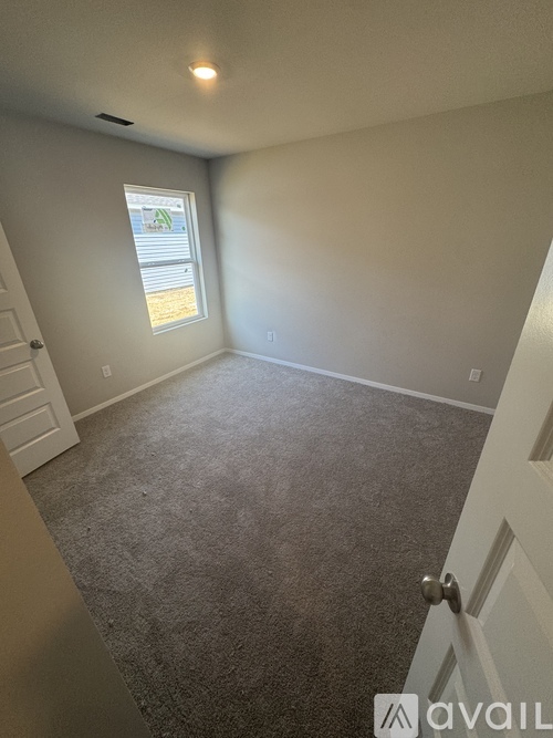 A room with a carpeted floor and a window.