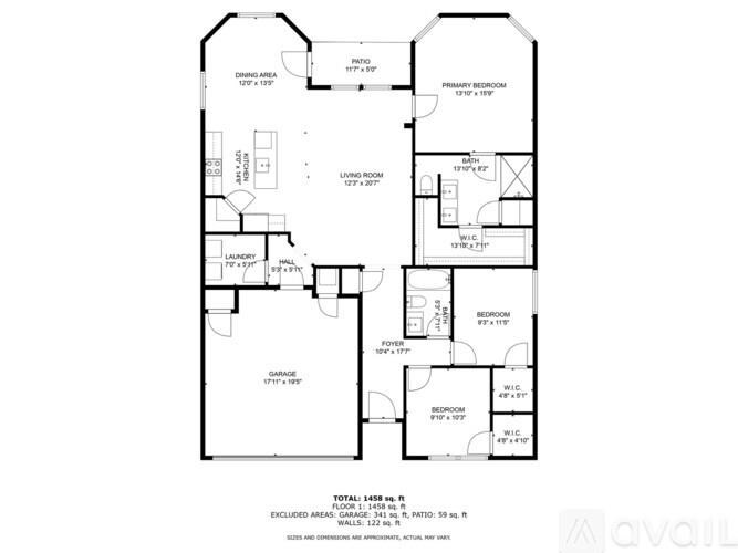 A floor plan of a house with a living room, two bedrooms, a garage, and a laundry room.