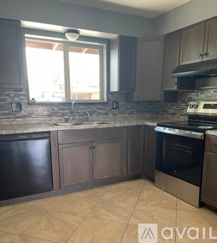 A kitchen with a black dishwasher and a black oven.