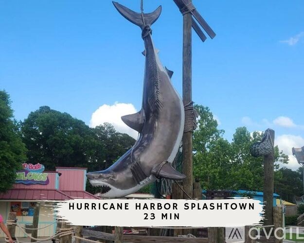 A large fish statue is suspended from a wooden structure with the text "Hurricane Harbor Splashtown 23 min" in the background.