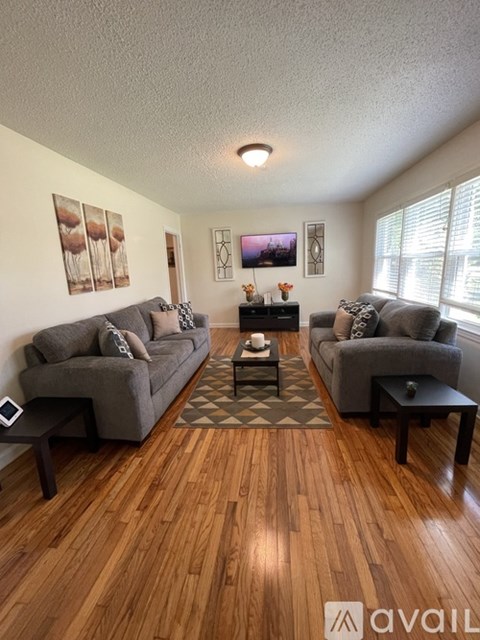 A living room with two grey couches and a coffee table.