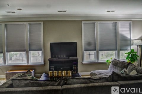 A living room with a grey couch and a black television.