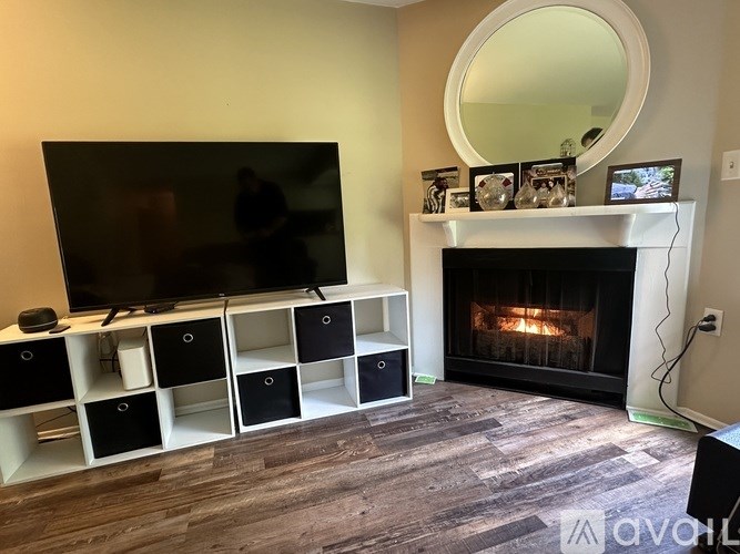 A modern living room with a fireplace and a television.
