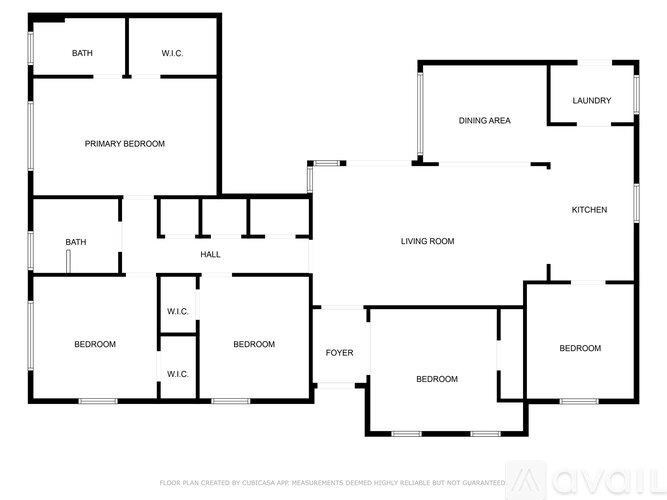 A floor plan of a house with labeled rooms such as Bath, W.I.C, Dining Area, Living Room, Kitchen, and Bedrooms.