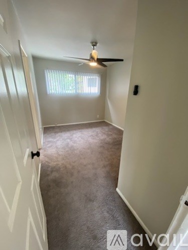 A room with a carpeted floor and a ceiling fan.
