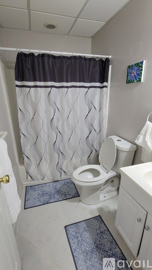 A small bathroom with a toilet, sink, and shower curtain.
