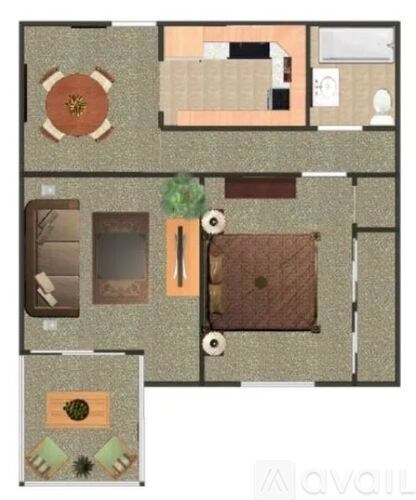 A floor plan of a house with a kitchen, living room, and bathroom.
