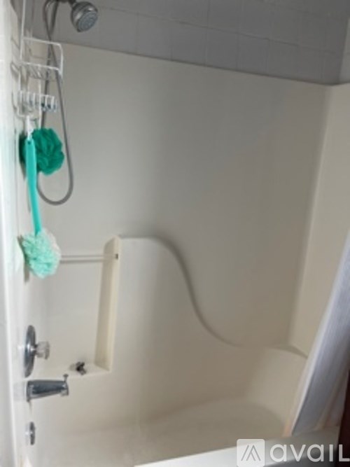 A white bathtub with a shower head and a green shower caddy.