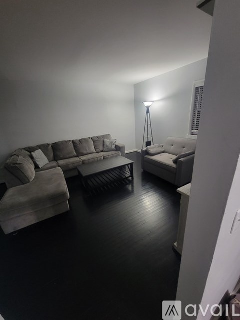 A living room with a grey sofa and a black floor.