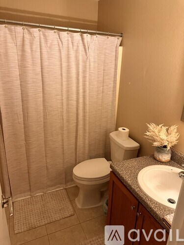 A bathroom with a toilet, sink, and shower curtain.