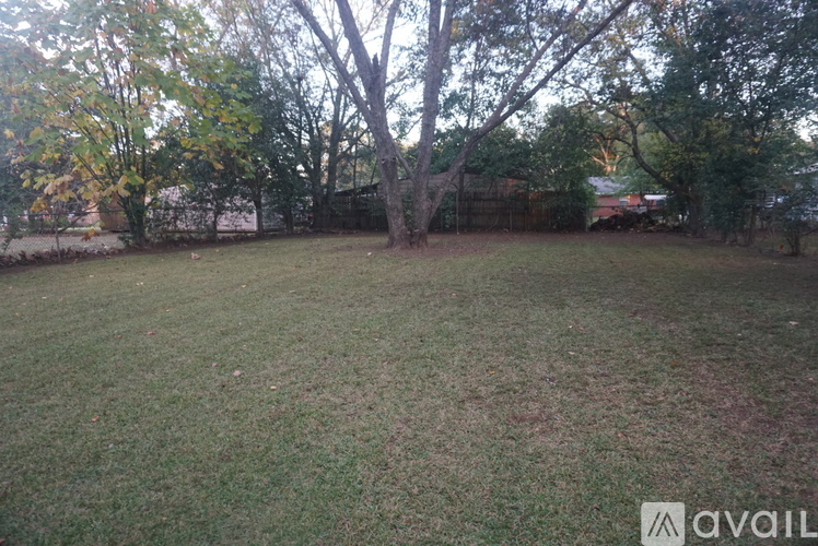 A grassy backyard with trees and a fence.