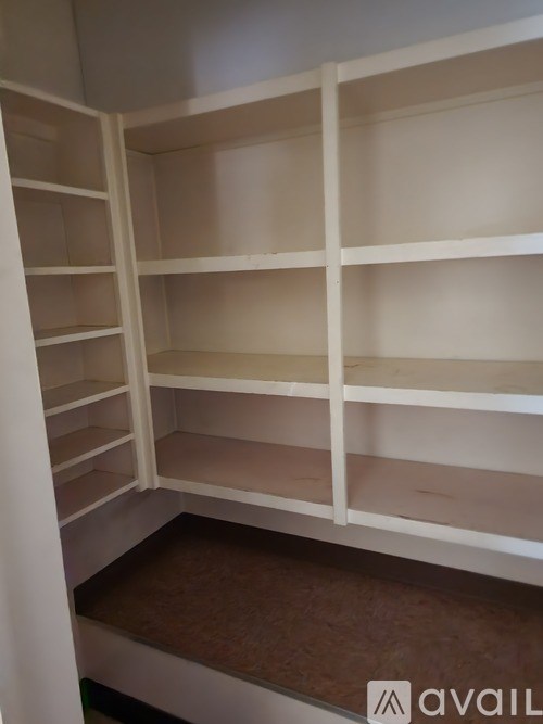 Empty white shelves in a room.
