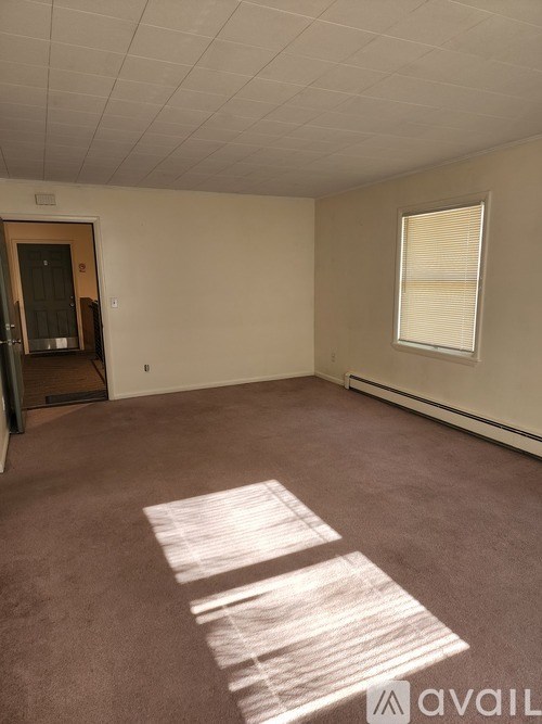 A room with a brown carpet and a window with blinds.