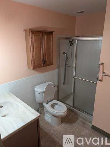 A bathroom with a toilet, sink, and shower.