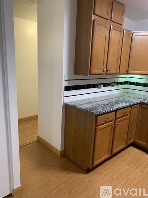 A kitchen with wooden cabinets and a granite countertop.