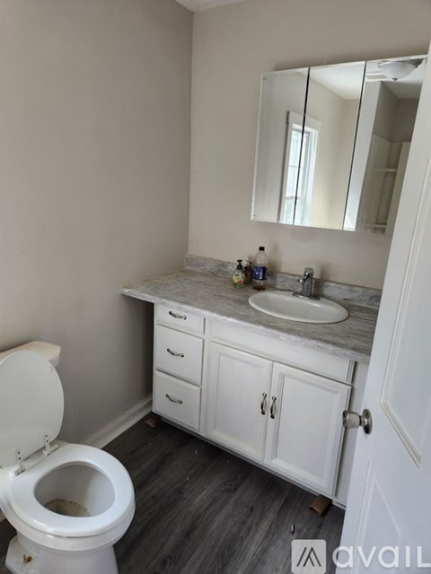 A bathroom with a toilet, sink, and mirror.
