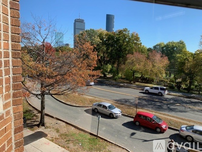 A tree with no leaves stands on a sidewalk in front of a brick building.