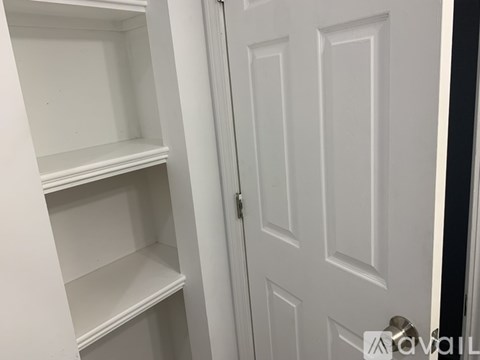 A white door is open to a white pantry with empty shelves.
