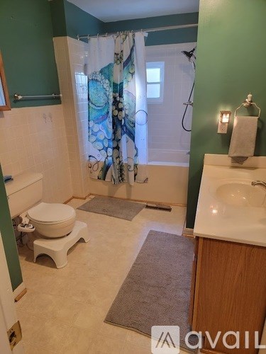 A bathroom with green walls and a white toilet.