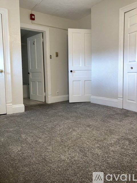 A room with a grey carpet and white doors.