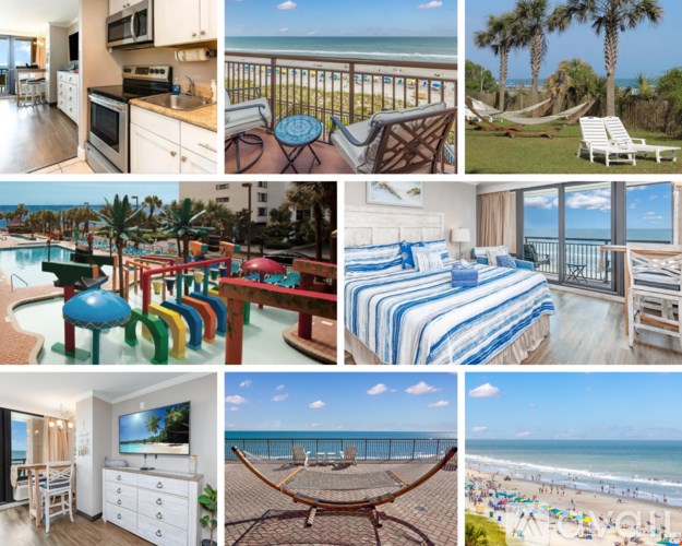 A collage of various images showcasing a beachfront property with amenities such as a kitchen, pool, and hammock.