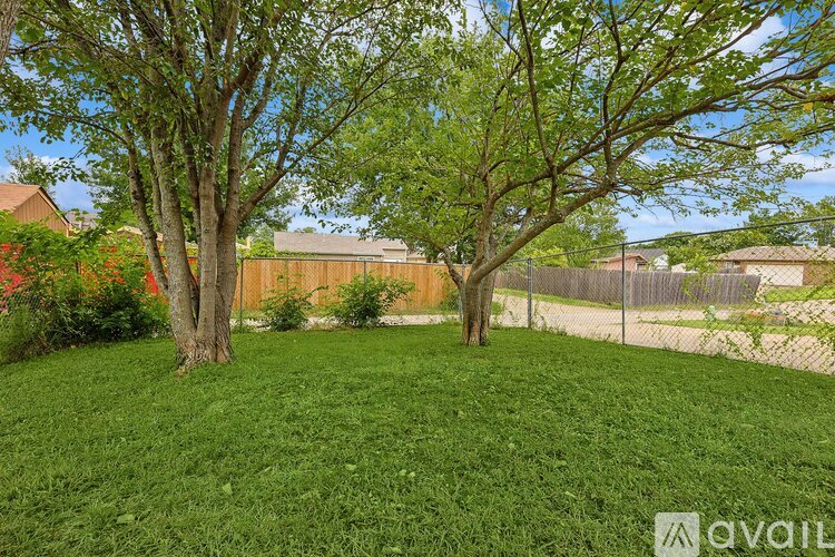 A backyard with a fence and two trees.