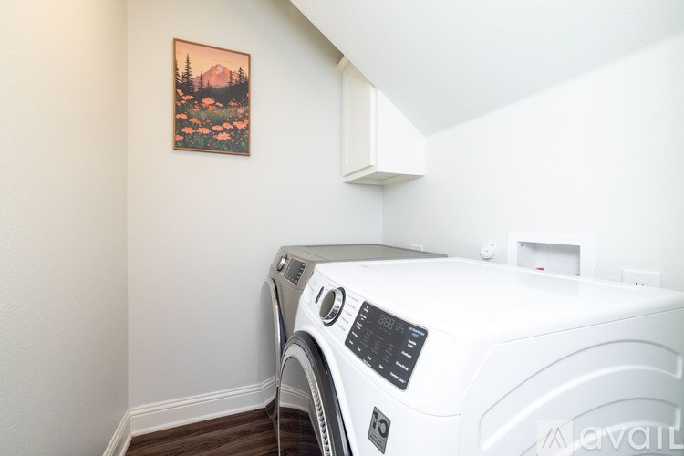 A white dryer is in a room with a painting of a mountain scene on the wall.